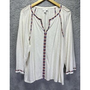 J. Jill Womens 3X Tunic Top Embroidered Boho V Split Neck Long Sleeve Ivory